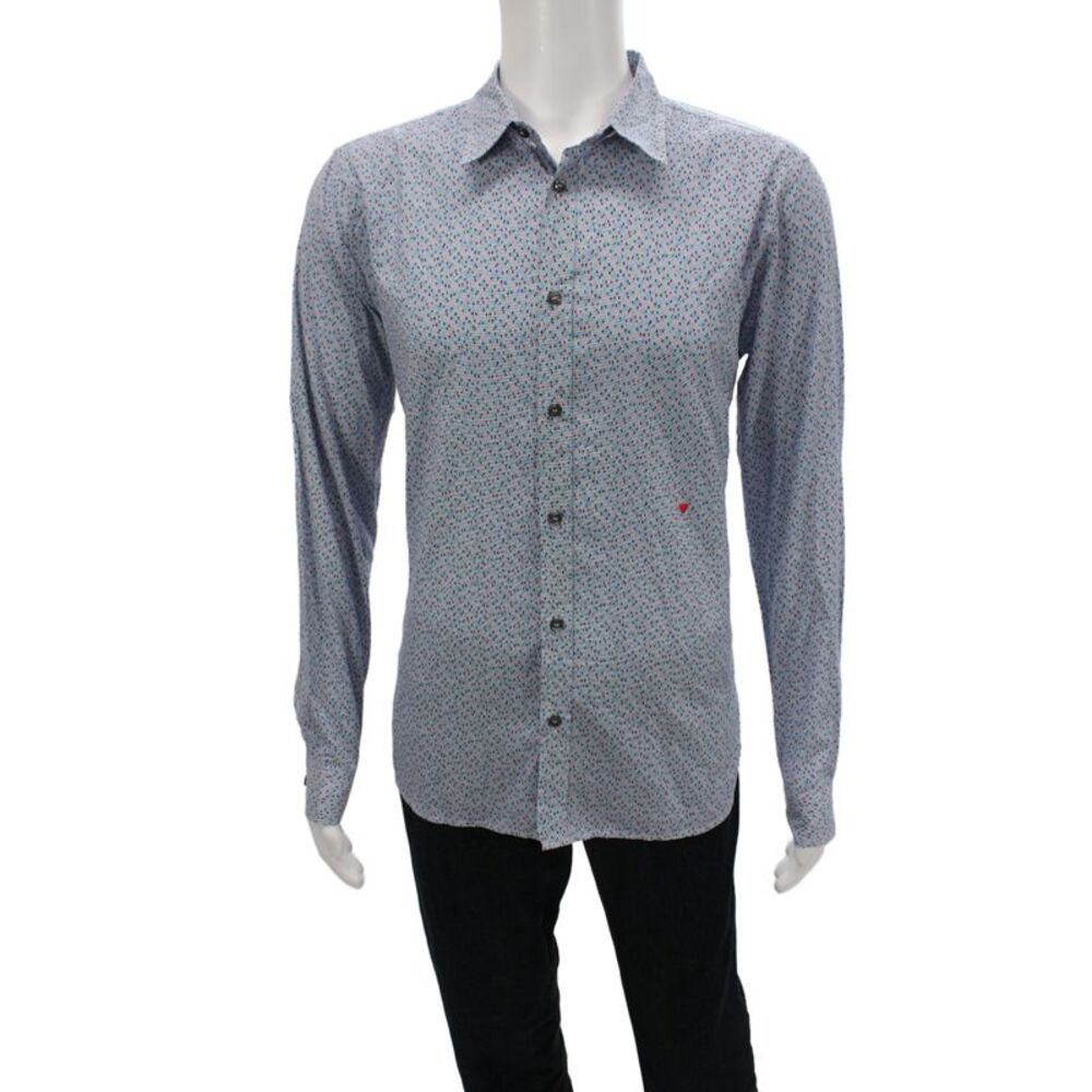 Moschino Men Dress Shirt Blue Geometric 100% Cotton Long Sleeve Size 16.5